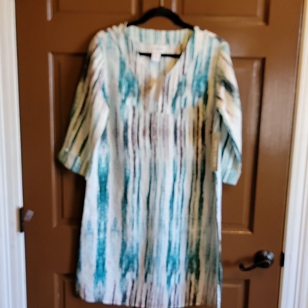 Peck & Peck-Linen green, white, wine colored 3/4 sleeved dress M. NWT.